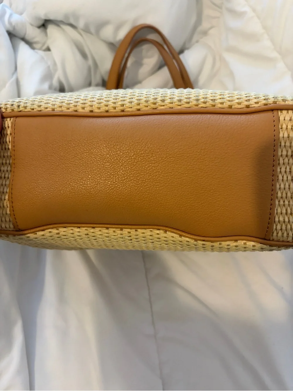 Tory Burch Beige Woven Tote with Leather Trim and Logo